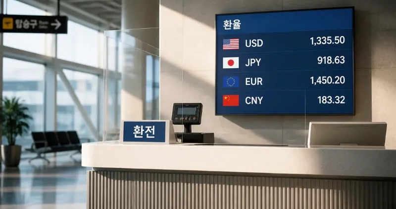 첫해외여행 — 현대적인 공항 환전소 카운터와 디지털 안내판이 있는 공간