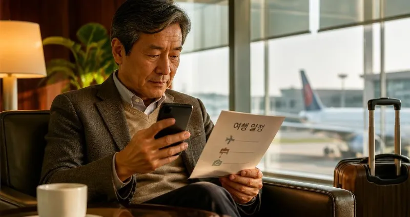 60대 한국인 남성이 공항 라운지에서 여행 일정표와 스마트폰을 확인하는 모습, 따뜻한 자연광