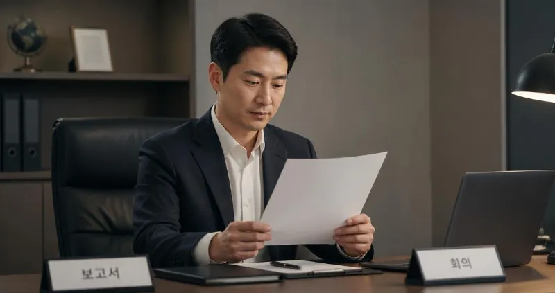 외국인관광객유치 — 40대 한국인이 빈 서류를 검토하고 있는 모습, 사무실 책상