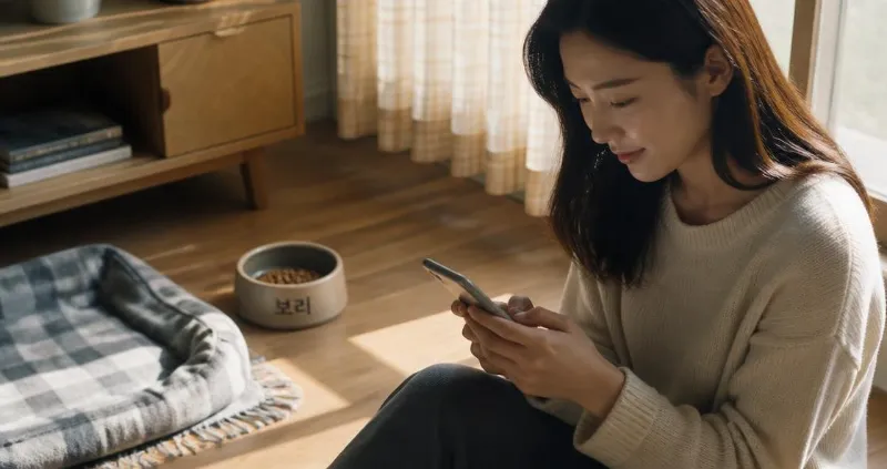 창가 햇살 아래 강아지 밥그릇과 담요가 놓인 나무 바닥, 근접 촬영