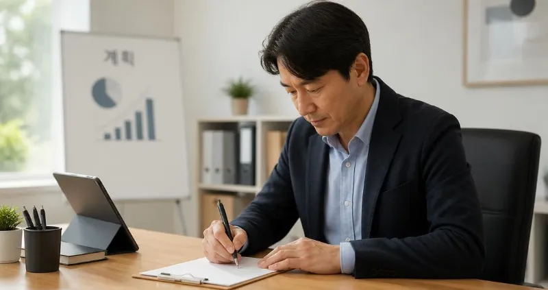 40대 한국인이 밝은 사무실의 나무 책상에서 빈 서류를 작성하고 있는 모습