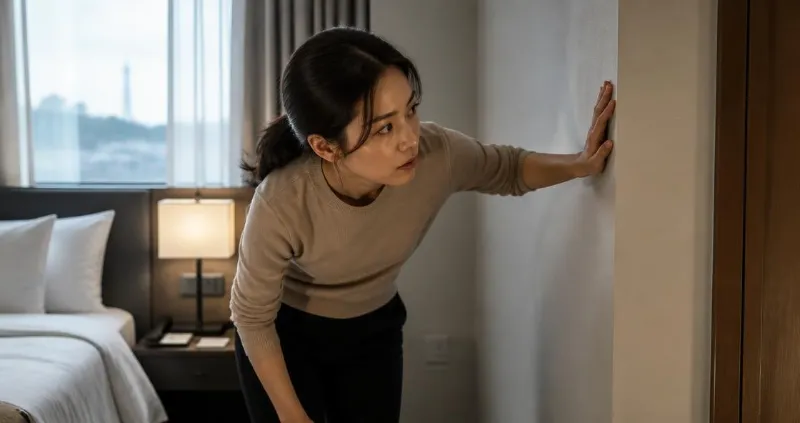 30대 한국인 여성이 호텔 방 구석의 안전 상태를 확인하는 모습, 채광이 좋은 호텔 객실