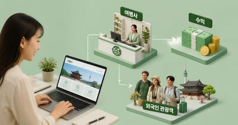 여행사, 돈, 관광객 아이콘이 배치된 플랫 디자인 그래픽, 연두색 배경