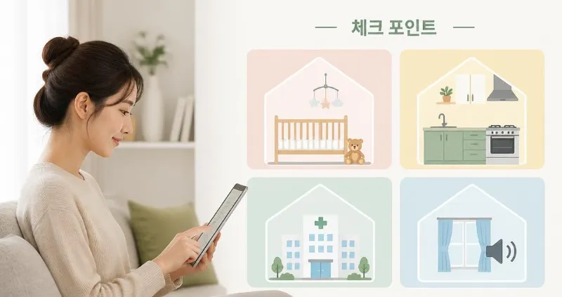 아이와 국내여행 — 아기 침대, 주방 접근성, 병원과의 거리, 소음 차단을 의미하는 아이콘들이 격자 형태로 나열된 그래픽