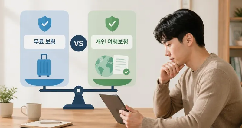 무료 보험과 유료 보험의 보장을 비교하는 저울 모양의 일러스트