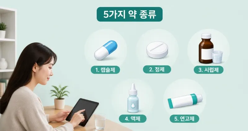 다섯 가지 상비약 아이콘이 깔끔하게 나열된 인포그래픽, 민트색 배경