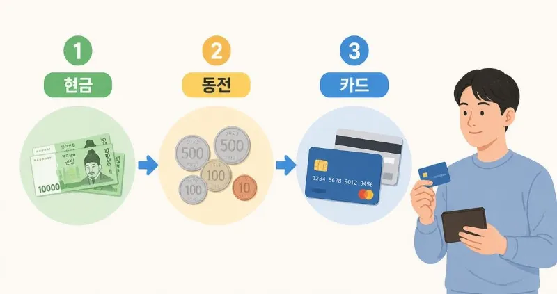 현금과 동전, 신용카드 아이콘들이 순서대로 나열된 그래픽