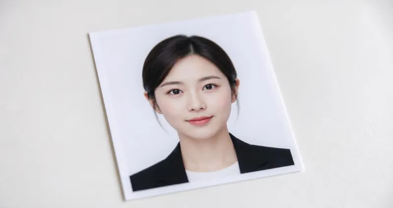 흰색 평면 위에 놓인 증명사진 근접 촬영