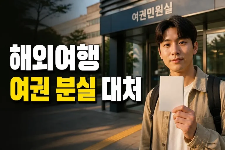 30대 한국인이 여권 사무소 입구에서 빈 긴급 여행 증명서를 들고 있는 모습