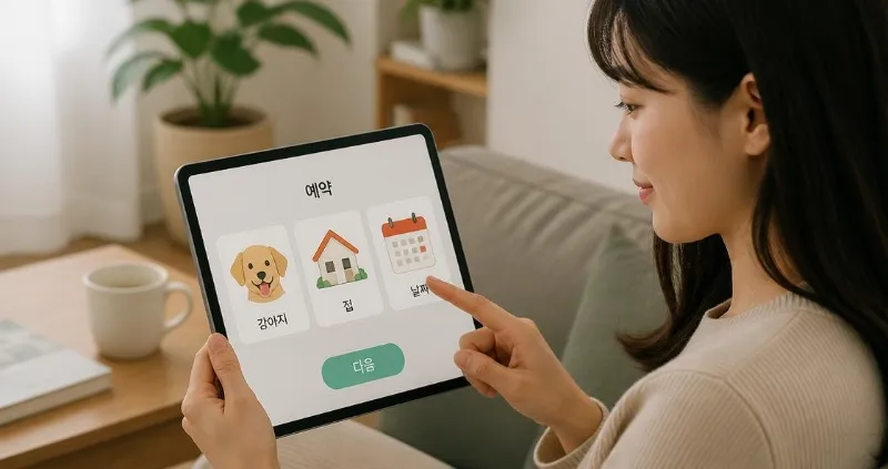 반려견, 집, 달력 아이콘이 배치된 인포그래픽, 파스텔톤 배경