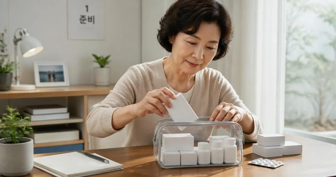 시니어해외여행 — 60대 한국인 여성이 투명한 여행용 정리함에 상비약 박스를 넣고 있는 모습, 밝은 책상 위