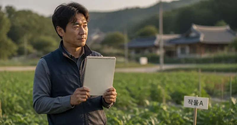 지방자치단체 살아보기 — 40대 한국인이 초록색 들판에서 빈 노트를 들고 서 있는 모습