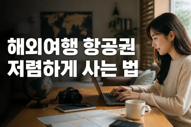 30대 한국인이 노트북으로 여행 예약 사이트를 보고 있는 모습, 현대적인 거실 배경