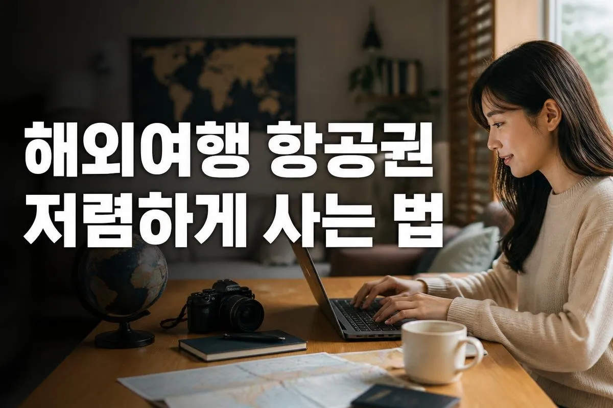 30대 한국인이 노트북으로 여행 예약 사이트를 보고 있는 모습, 현대적인 거실 배경
