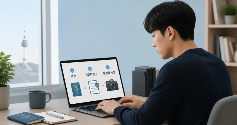 여권분실 — 여권, 경찰서 신고 서류, 카메라 아이콘이 정렬된 플랫 디자인 인포그래픽