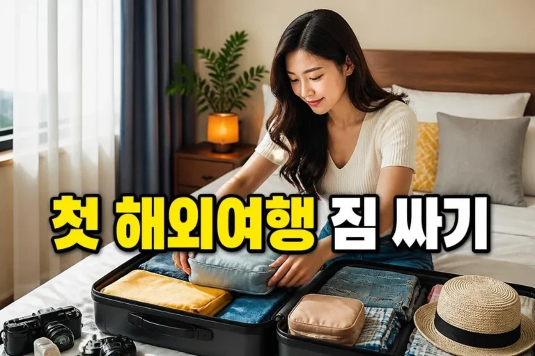 30대 한국인이 깔끔한 모던한 침실에서 여행용 캐리어에 짐을 싸는 모습