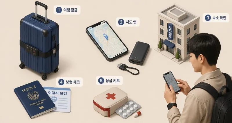 숙소예약 — 잠긴 여행 가방과 지도 앱이 켜진 스마트폰, 호텔 아이콘들이 나란히 정렬된 모습