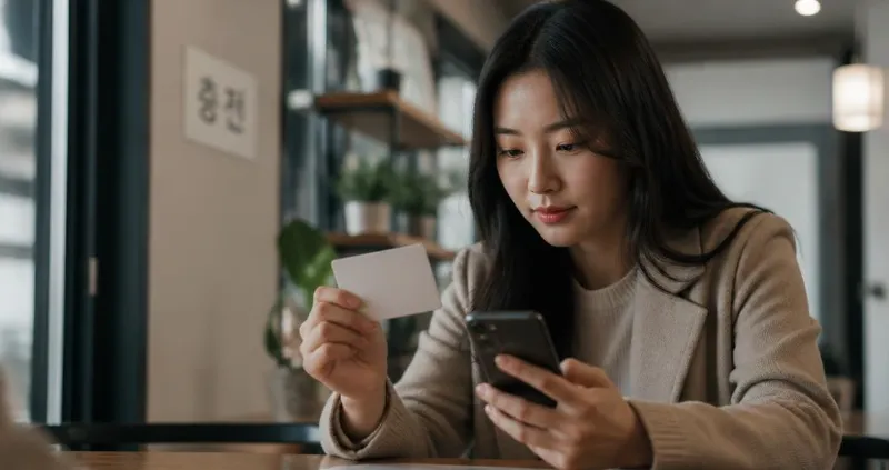 나무 테이블 위에 빈 교통카드와 스마트폰을 들고 있는 모습