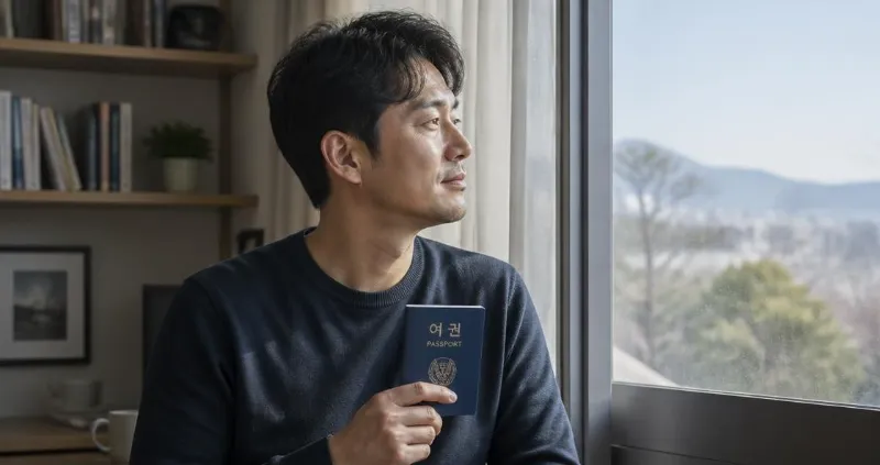 40대 한국인이 여권을 들고 창밖을 바라보는 모습, 햇살이 들어오는 거실